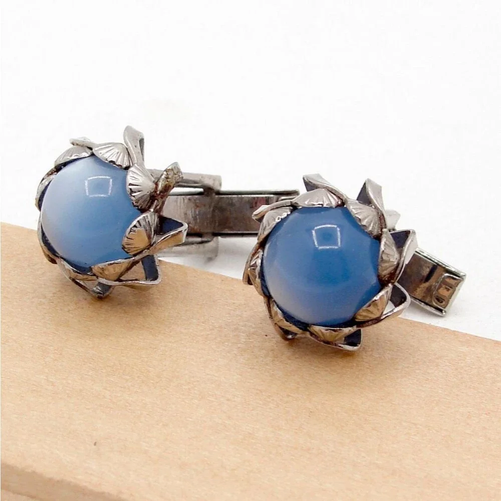 Vintage Silver Blue Moonglow Cabochon Glass Ginkgo Biloba Leaf Cufflinks MCM